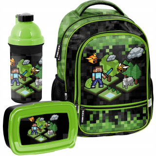 Minecraft viackomorový školský batoh Paso čierny, Odtiene zelenej, Viacfarebný 19 l + 2 ďalšie produkty